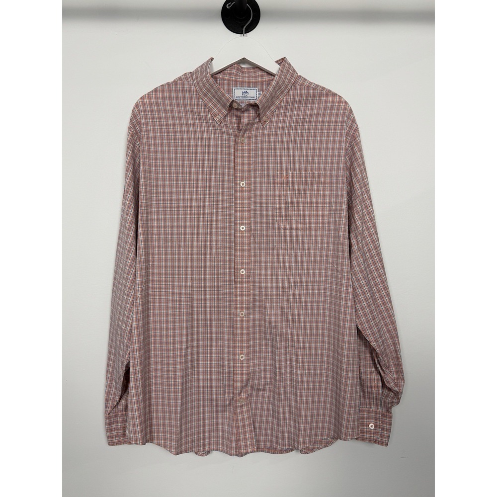 Southern Tide Intercoastal Peach Blue Plaid Performance Shirt - XXL
